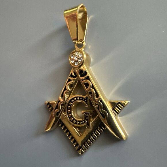 Men's Free Mason Stainless Steel Freemason Symbol Masonic Pendant Chain Gold - Picture 2 of 6